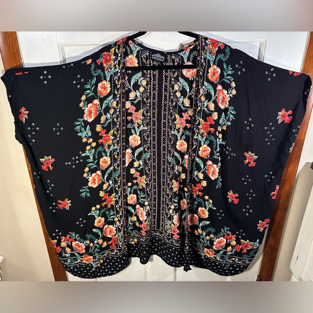 Angie Women’s Kimono Open Front Cardigan Floral Black Size L